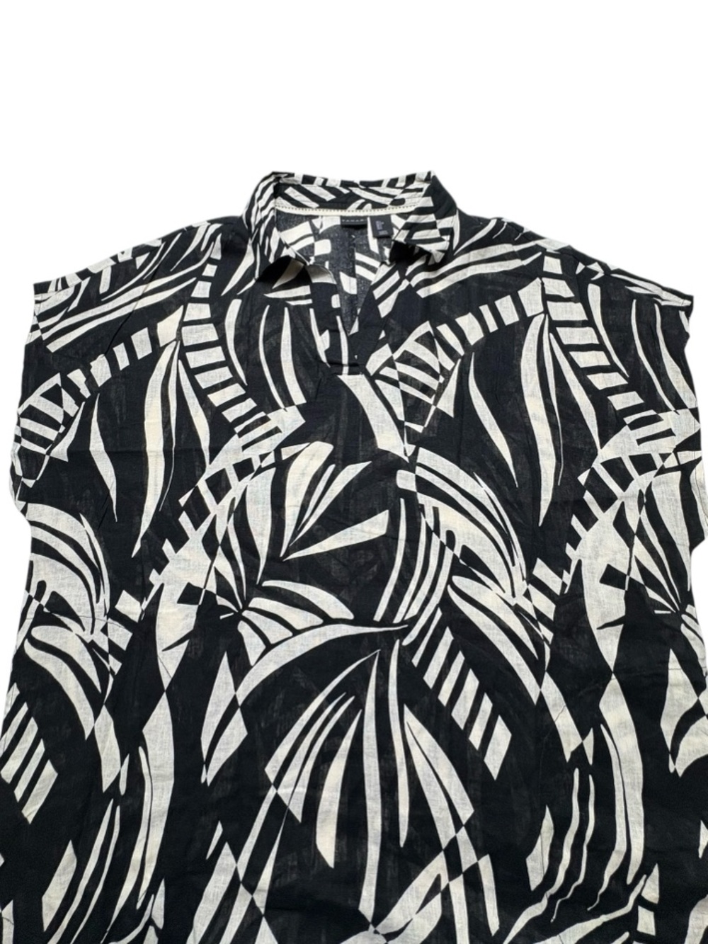 Tahari Linen Blend Kaftan Maxi Dress Black Off-White Geo Leaf Print • Size L - Picture 8 of 12